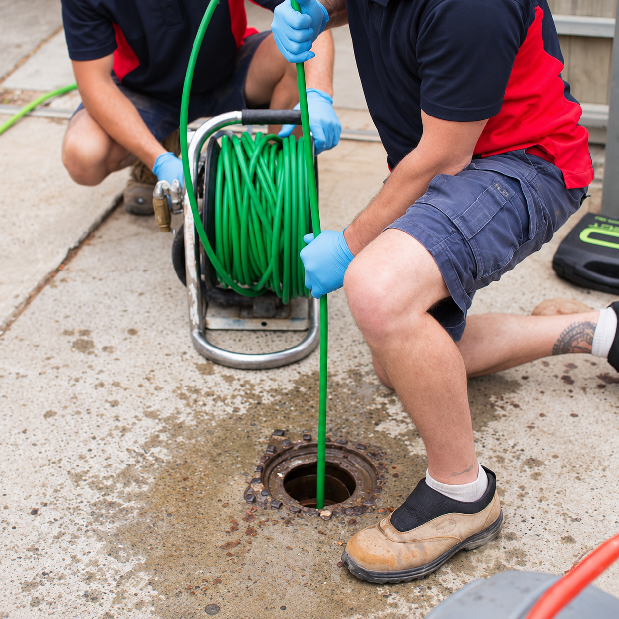 Plumbers clearing a blocked stormwater drain with a drain snake